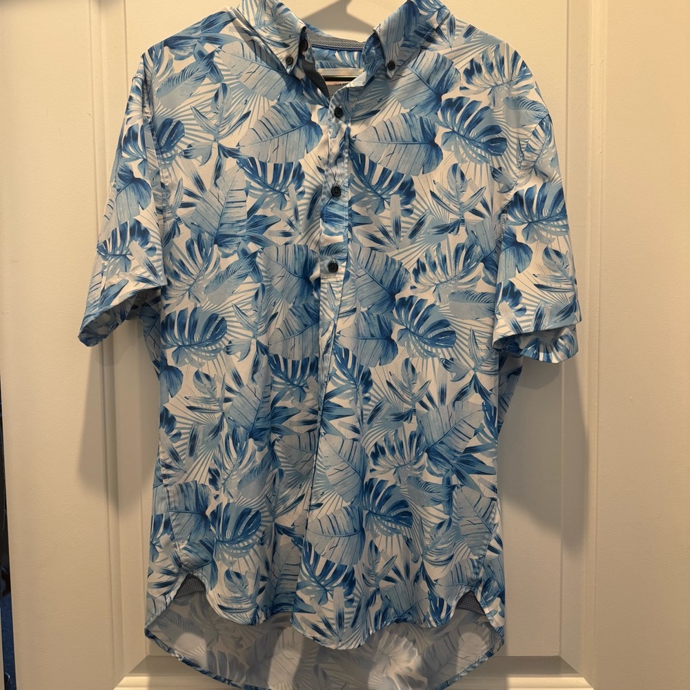 Men's Blue Palm-Print Short Sleeve Button-Down Shirt